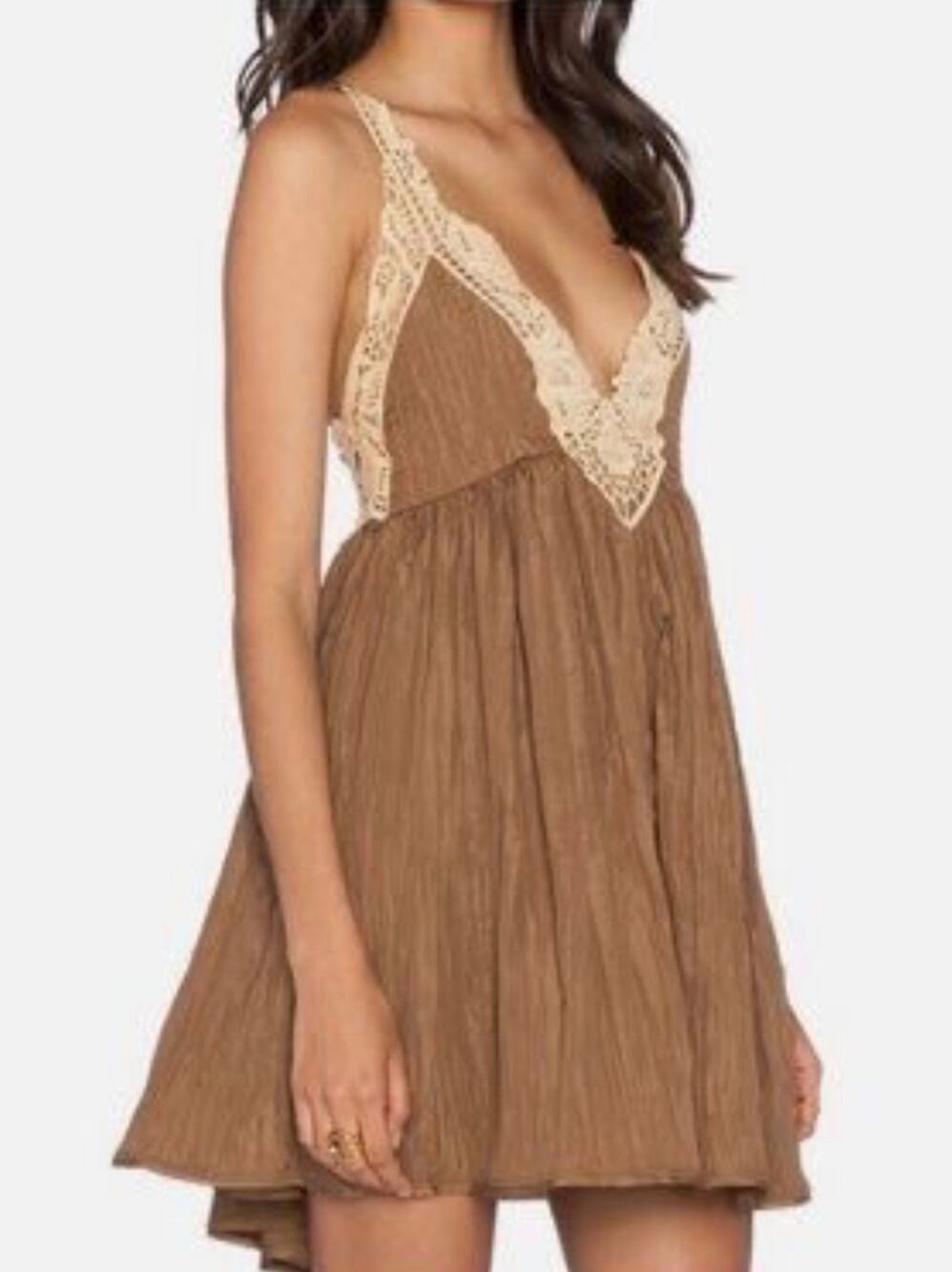 Free People Breathless Brown Mini Dress Crochet Lace Babydoll Fairycore Boho XS